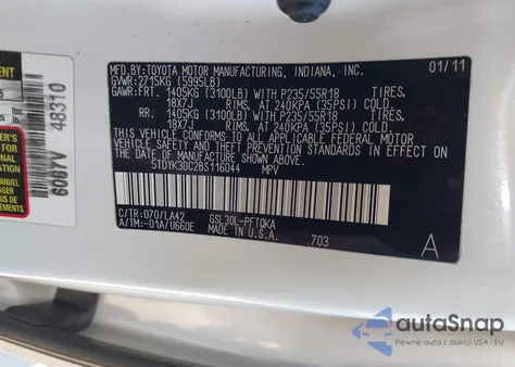 2011 Toyota Sienna Limited V6 z USA, uszkodzony, nr VIN 5TDYK3DC2BS116044